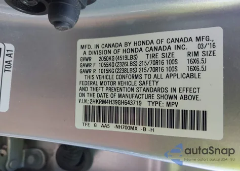 2016 Honda Cr-V Lx from USA, damaged, VIN 2HKRM4H39GH643719